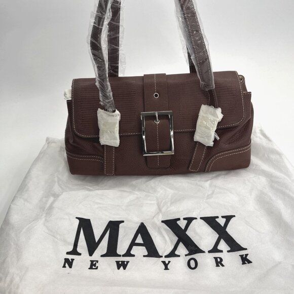 Maxx New York Handbags - Maxx New York Handbag Brown Leather Lizard Embossed Shoulder Dust Bag Buckle NEW